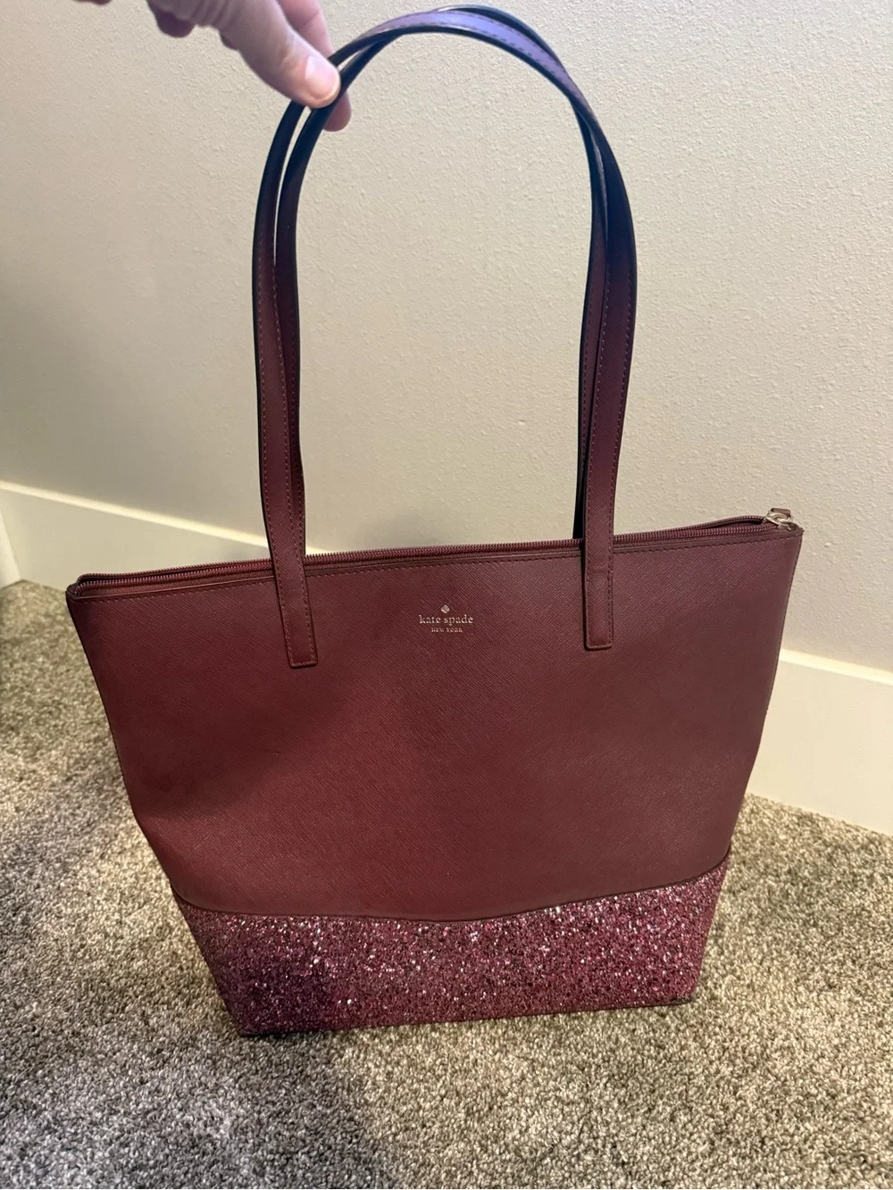 kate spade burgundy tote with pink glitter base
